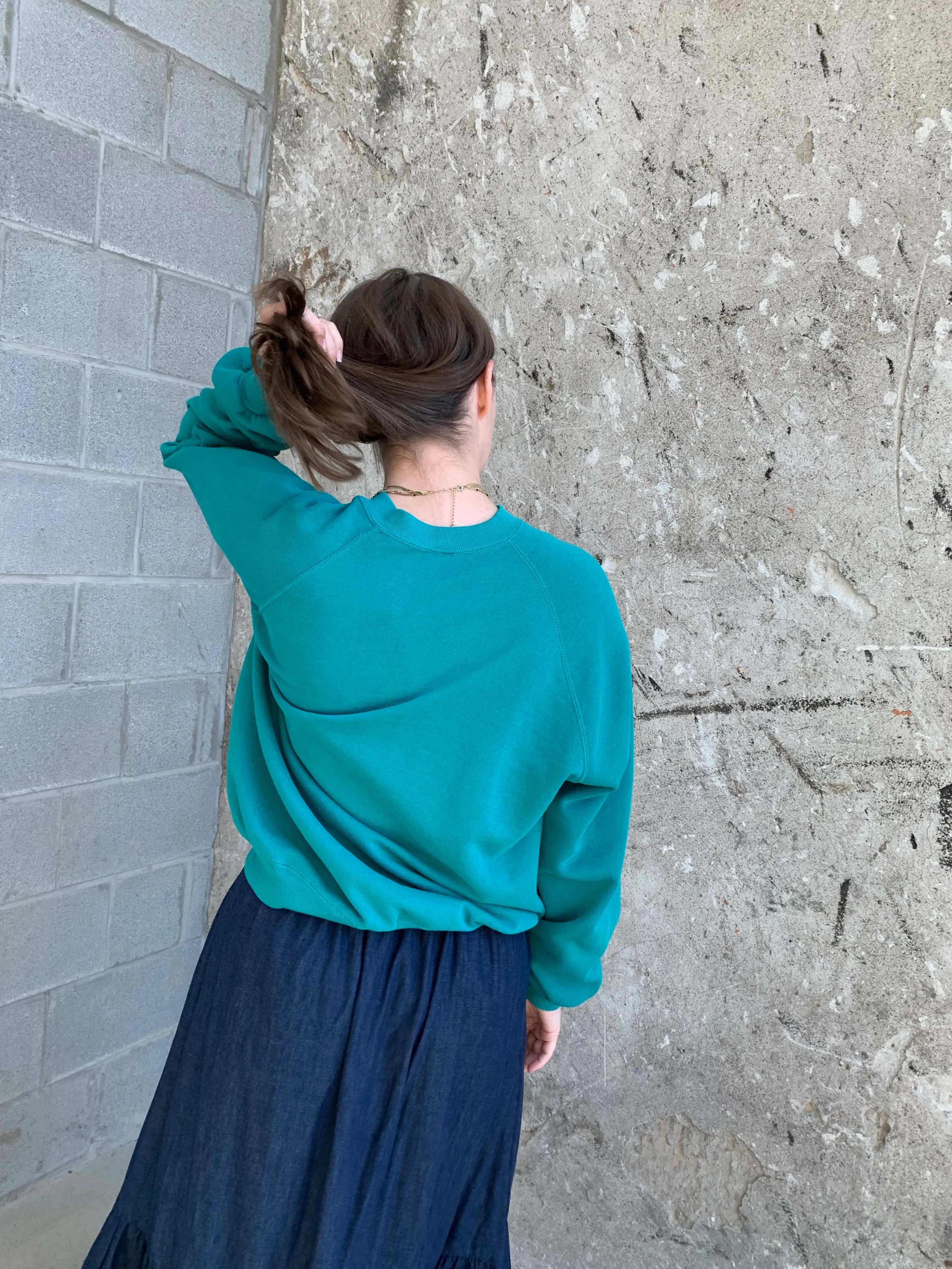 teal crew neck sweatshirt