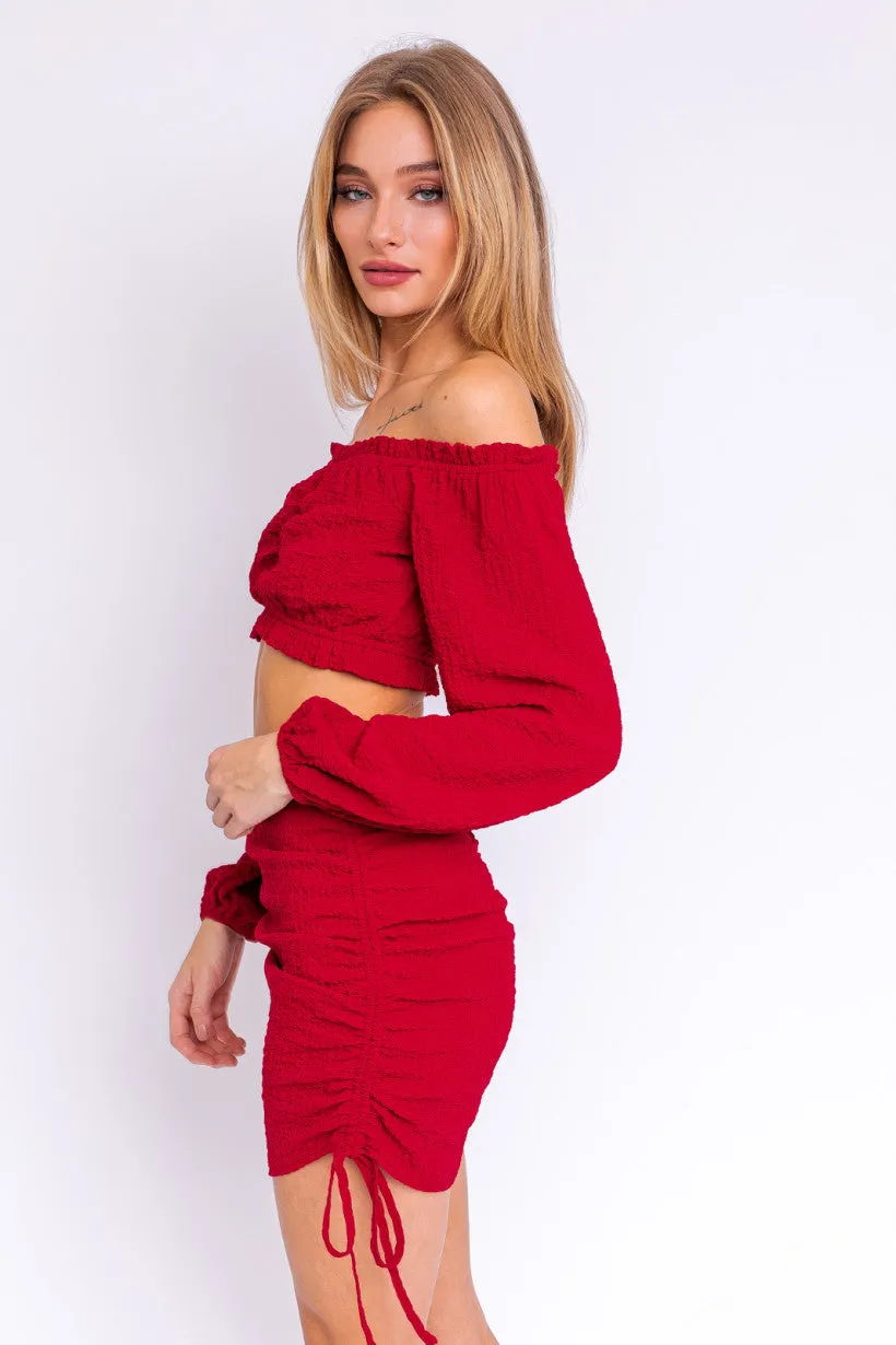 Textured Long Sleeve Off the Shoulder Crop Top