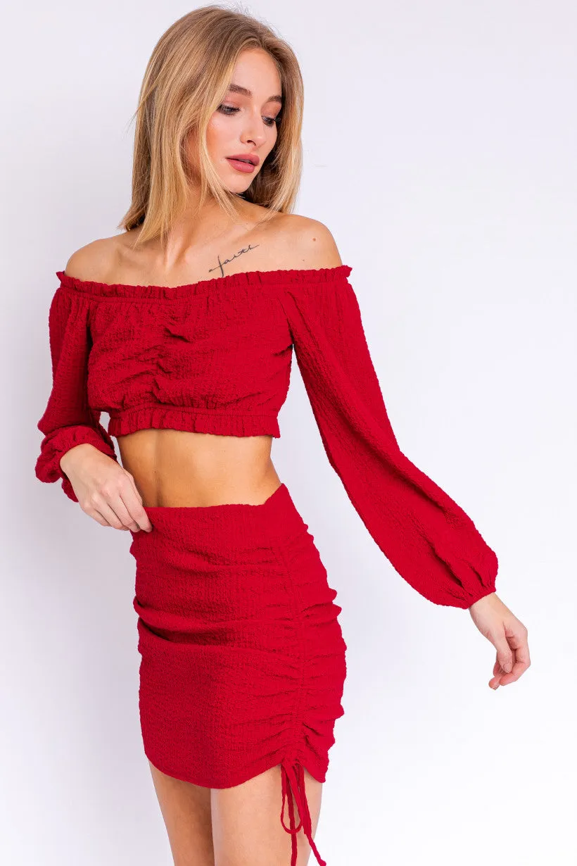 Textured Long Sleeve Off the Shoulder Crop Top