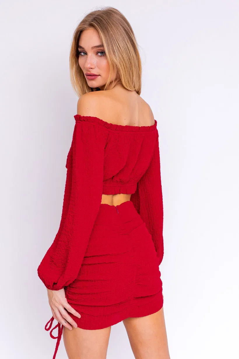 Textured Long Sleeve Off the Shoulder Crop Top