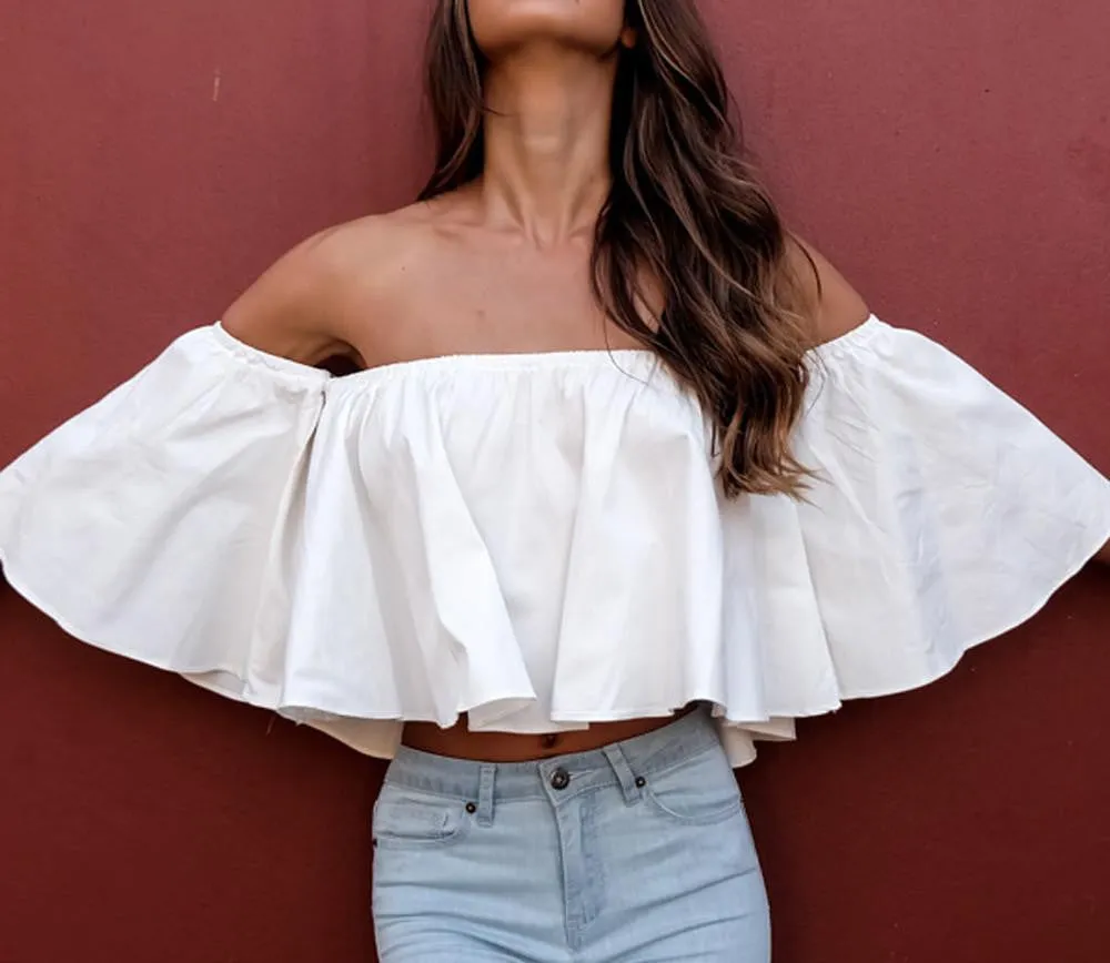 trendy white ruffles off shoulder crop tops cotton flare sleeve girls sexy tops plus size loose-fit women shirt blouse