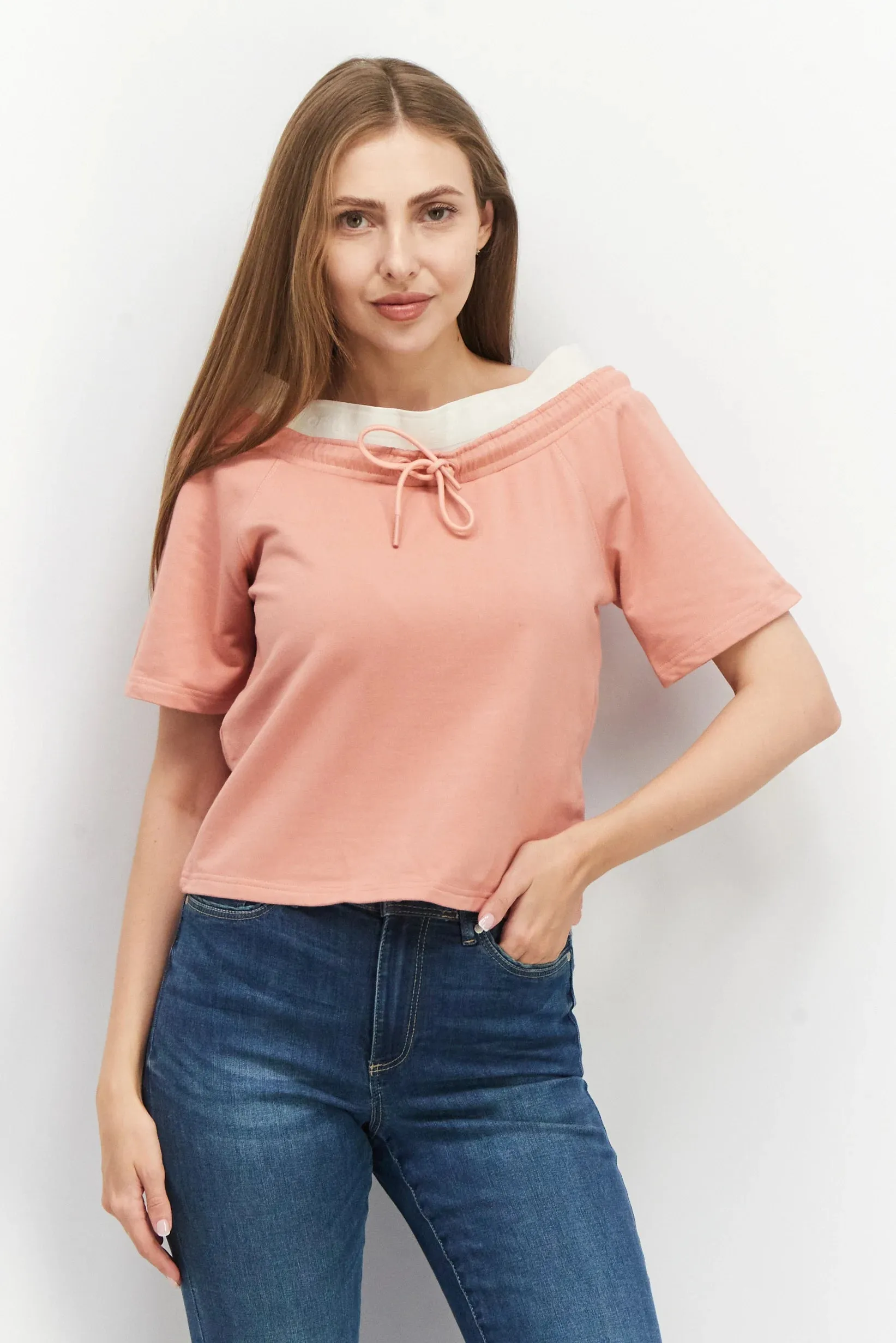 TRIBE OF 6 AVERY BRUSHED BAMBOO OFF SHOULDER 3/4 SLEEVE  SWEAT TOP WITH TAPE DETAIL