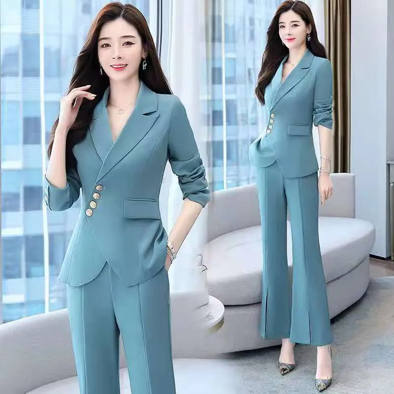Two-piece Suit Women Set Autumn Professional Wear Large Size Slimming Micro-flared Pants Casual Office Clothing