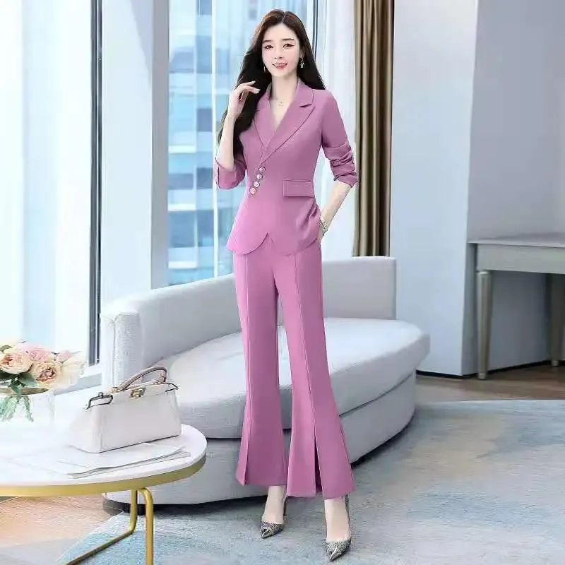 Two-piece Suit Women Set Autumn Professional Wear Large Size Slimming Micro-flared Pants Casual Office Clothing