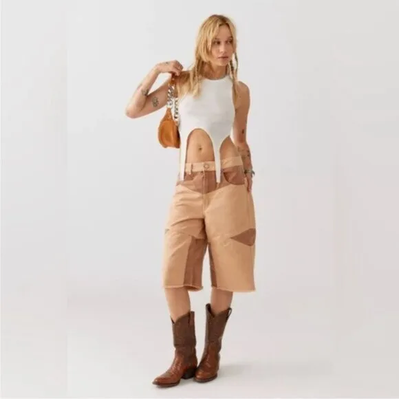 Urban Outfitters BDG Skater Girl Denim Short Seamed Sand Tan Brown New 28 Waist