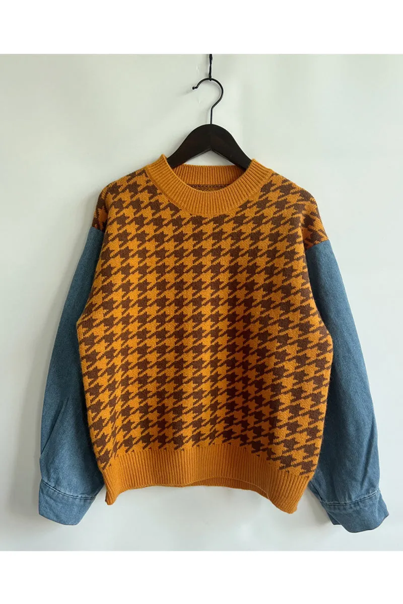 WH0295 Denim Sleeve Sweater