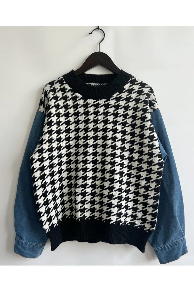 WH0295 Denim Sleeve Sweater