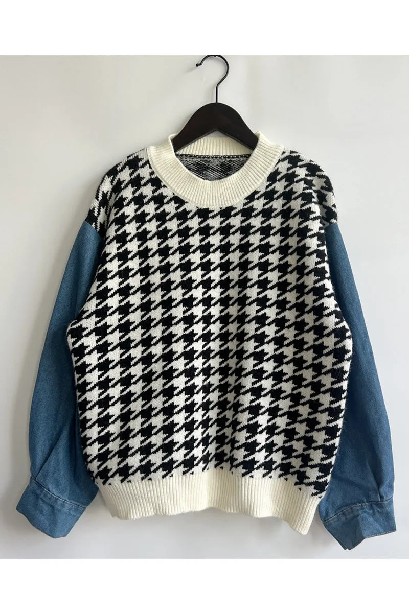 WH0295 Denim Sleeve Sweater