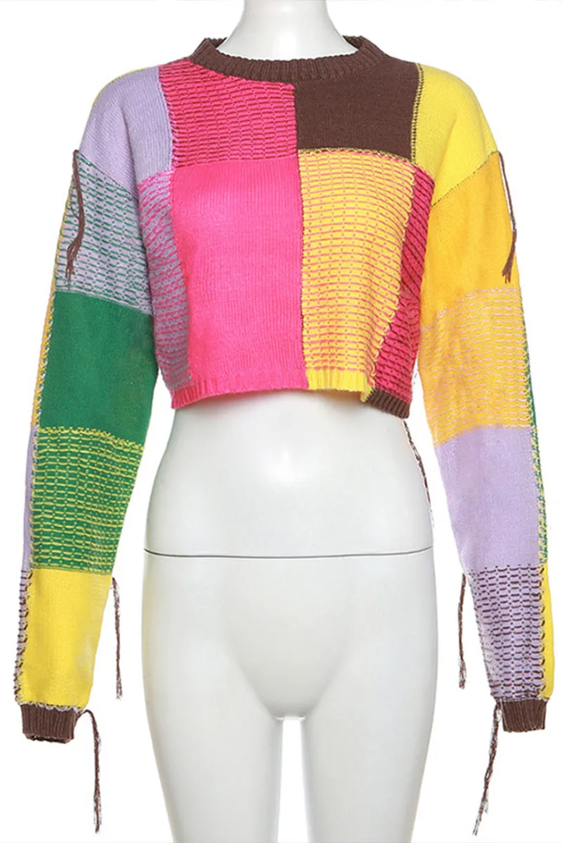 WH0310 Color Blocks Crop Sweater
