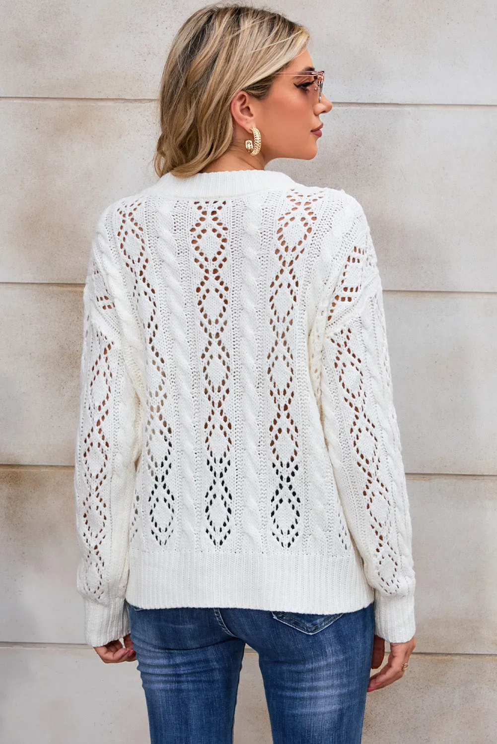 White Cable Pointelle Knit Drop Shoulder Sweater