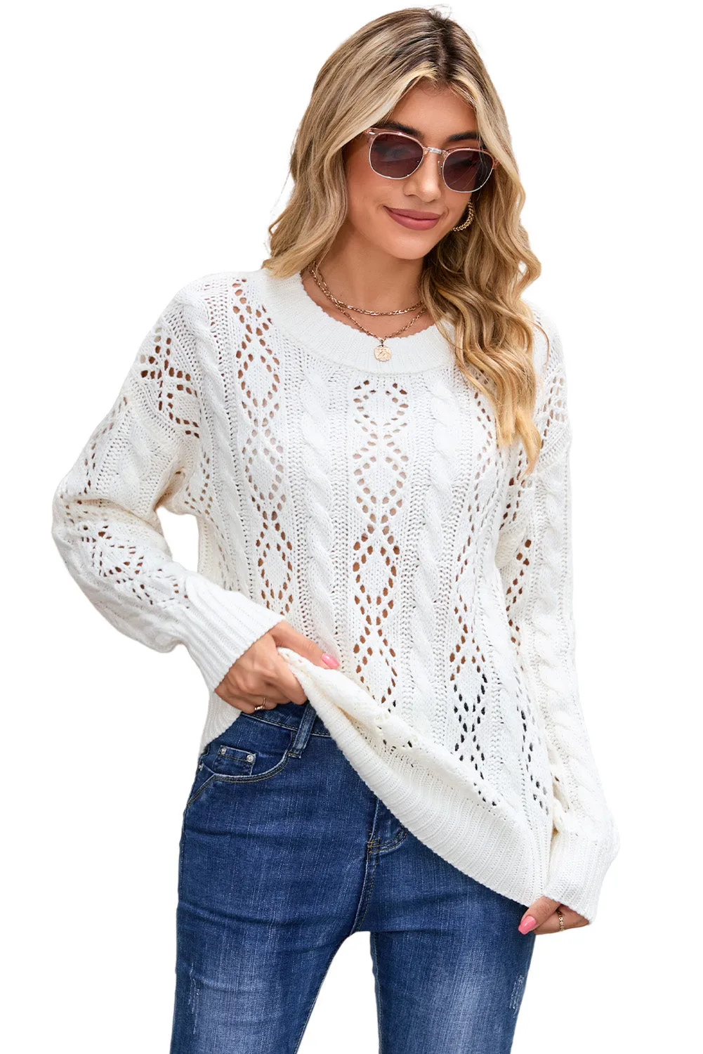 White Cable Pointelle Knit Drop Shoulder Sweater