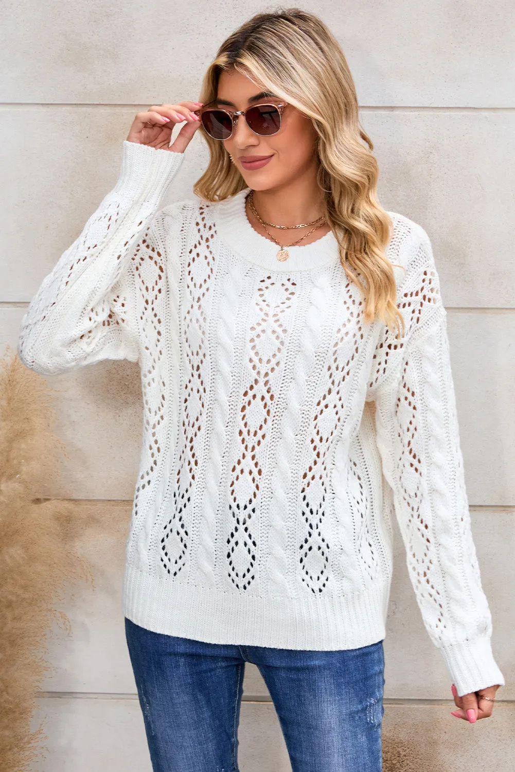 White Cable Pointelle Knit Drop Shoulder Sweater
