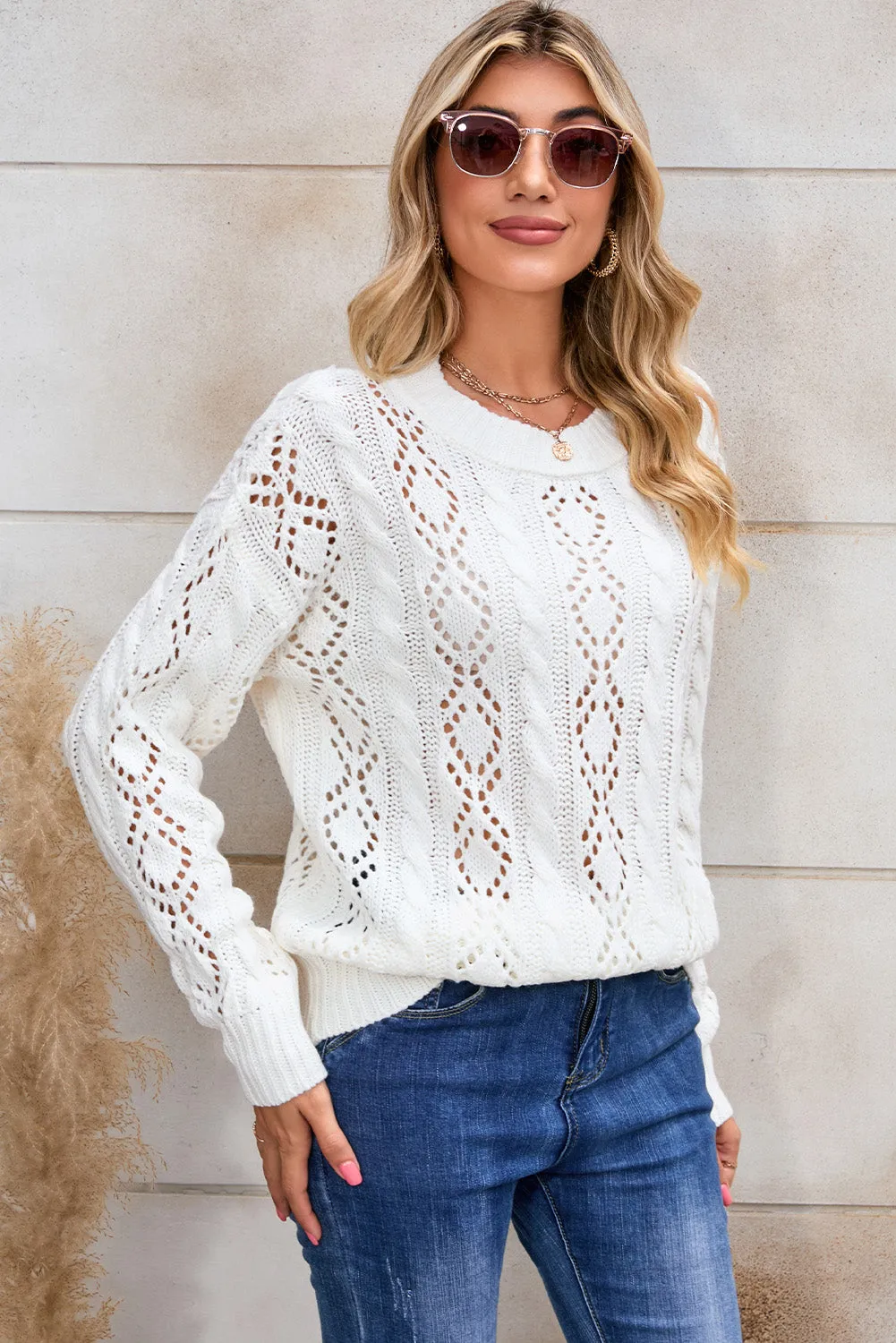 White Cable Pointelle Knit Drop Shoulder Sweater
