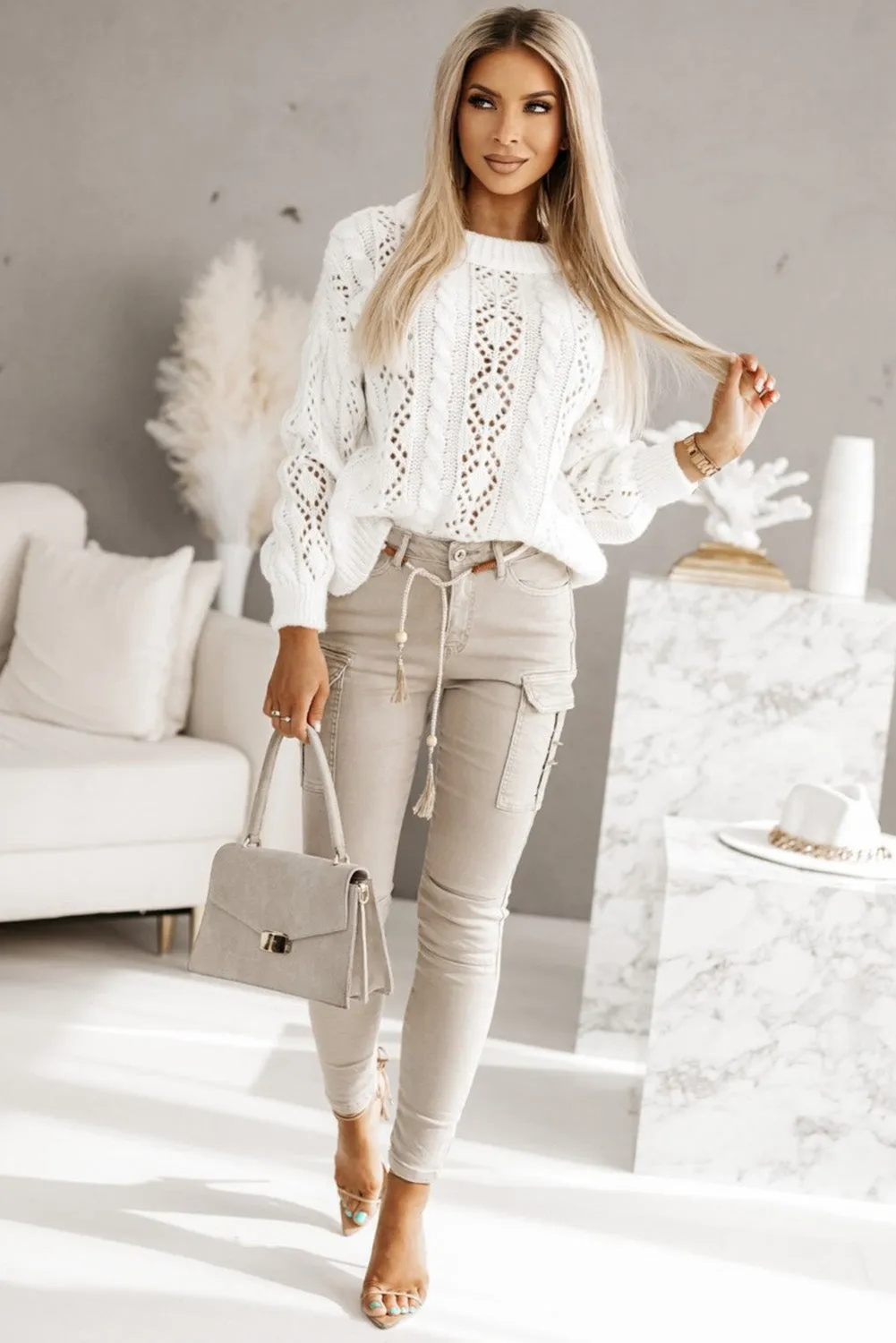 White Cable Pointelle Knit Drop Shoulder Sweater
