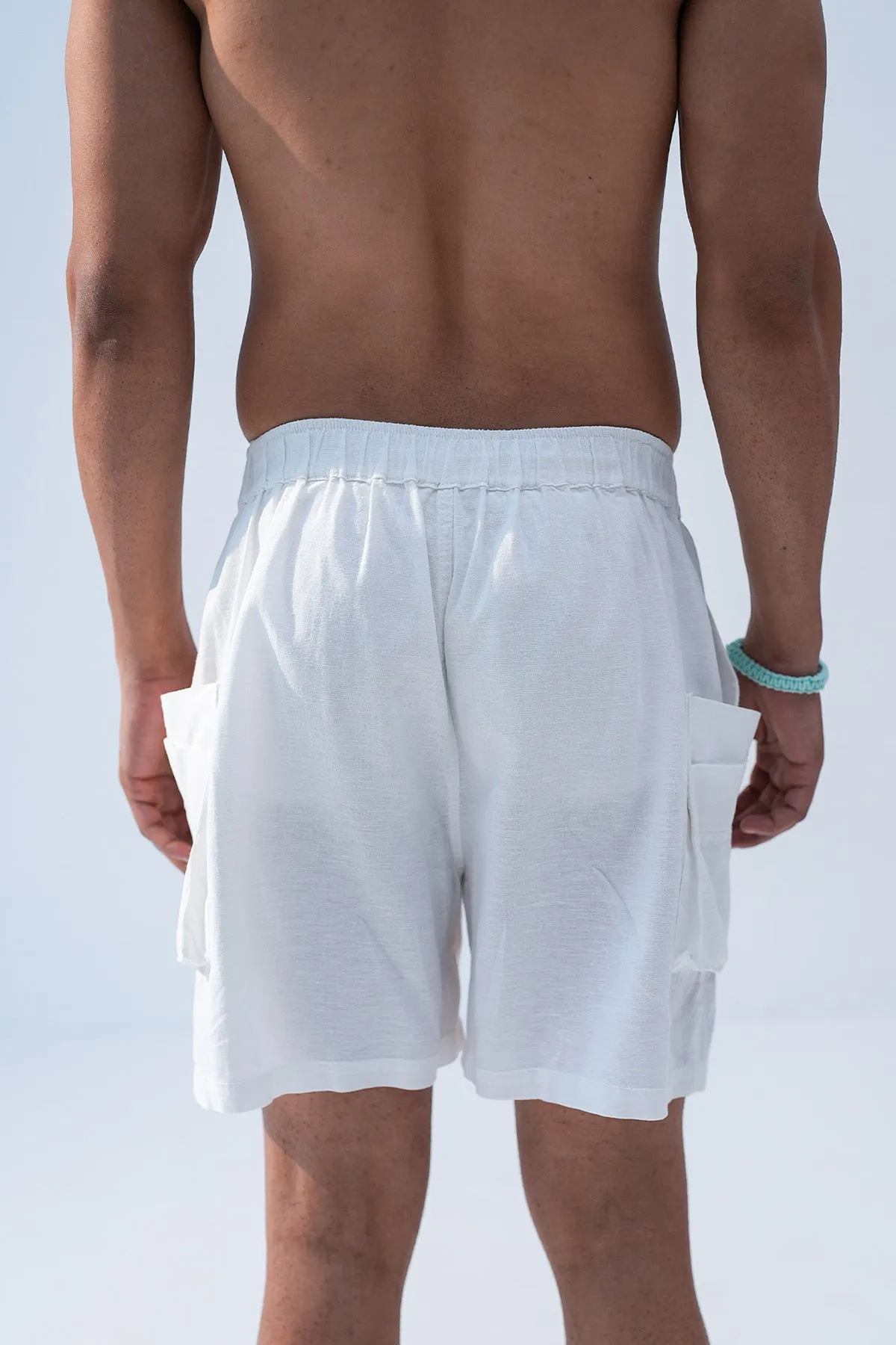 White Cotton Linen Cargo Shorts
