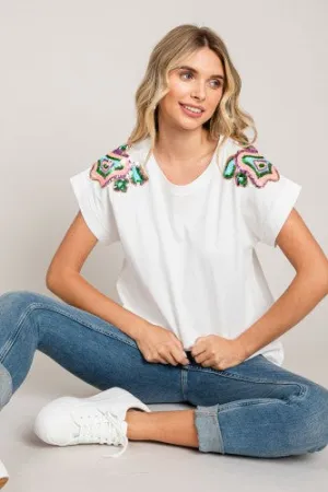 White Sequin Patch Shoulder Top