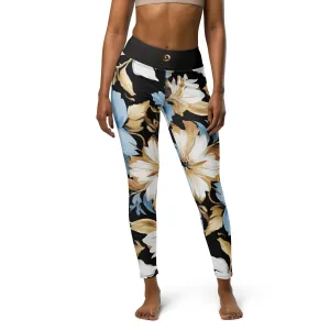 White, Sky Blue and Black Chaitanya Abara Floral Print Yoga Leggings