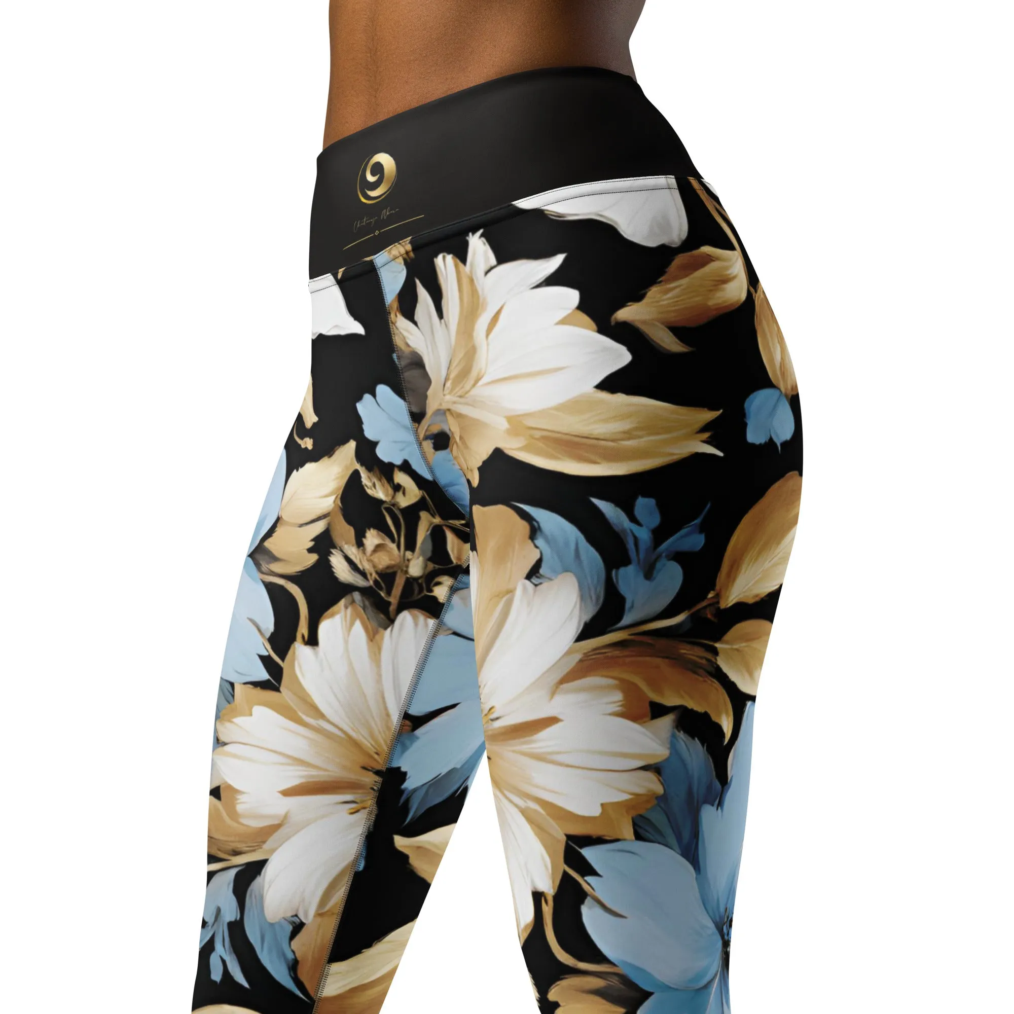 White, Sky Blue and Black Chaitanya Abara Floral Print Yoga Leggings