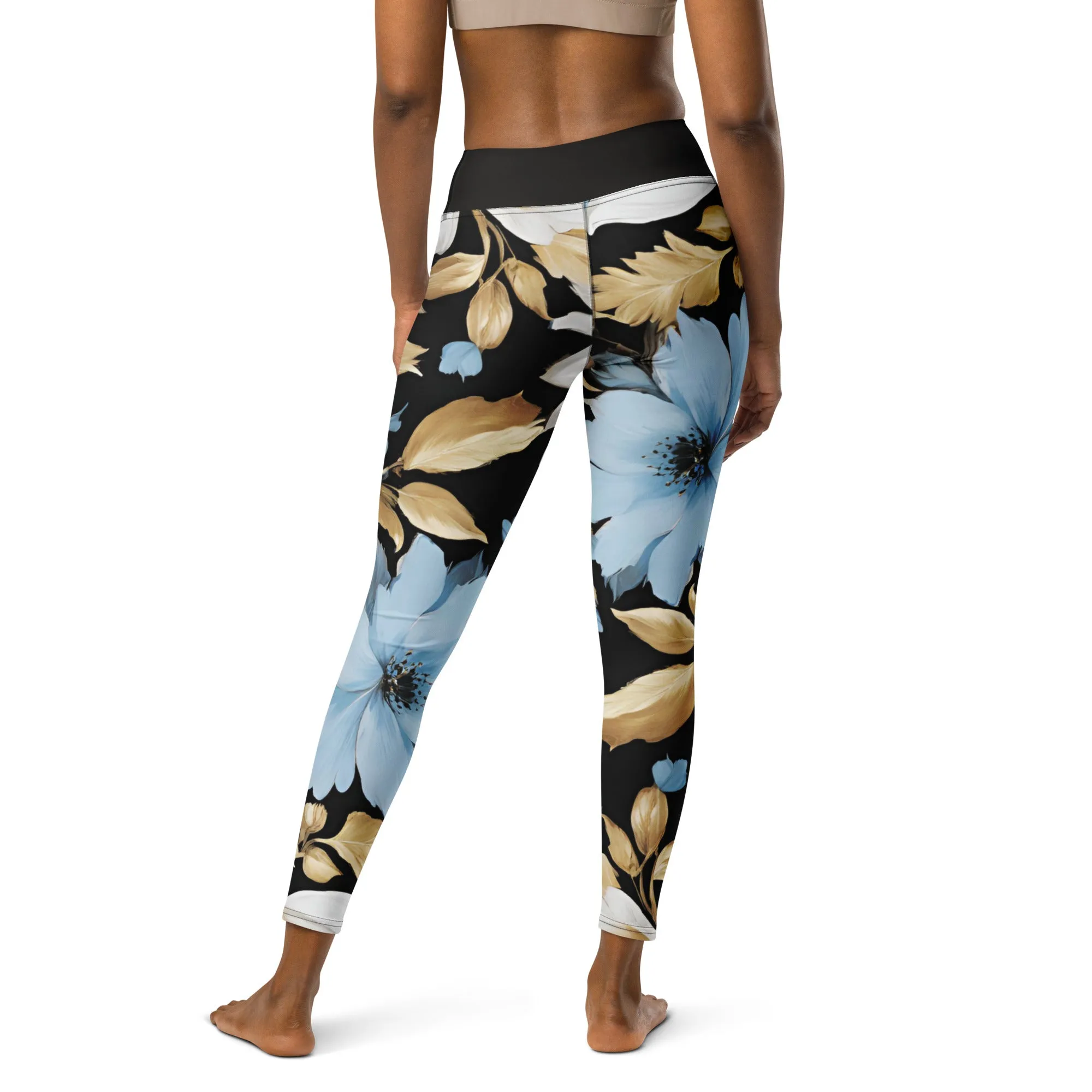 White, Sky Blue and Black Chaitanya Abara Floral Print Yoga Leggings