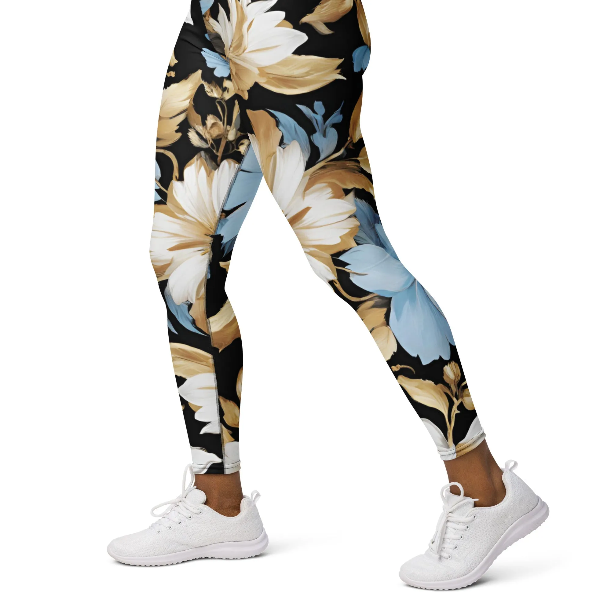 White, Sky Blue and Black Chaitanya Abara Floral Print Yoga Leggings