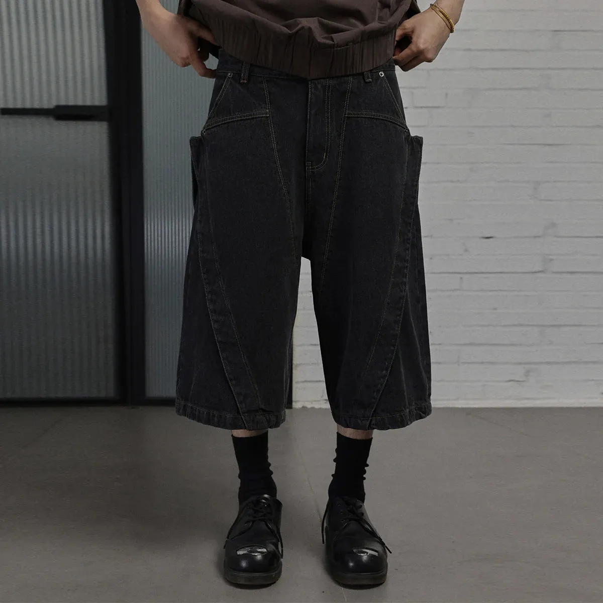 Wide-Leg Washed Black Denim Shorts