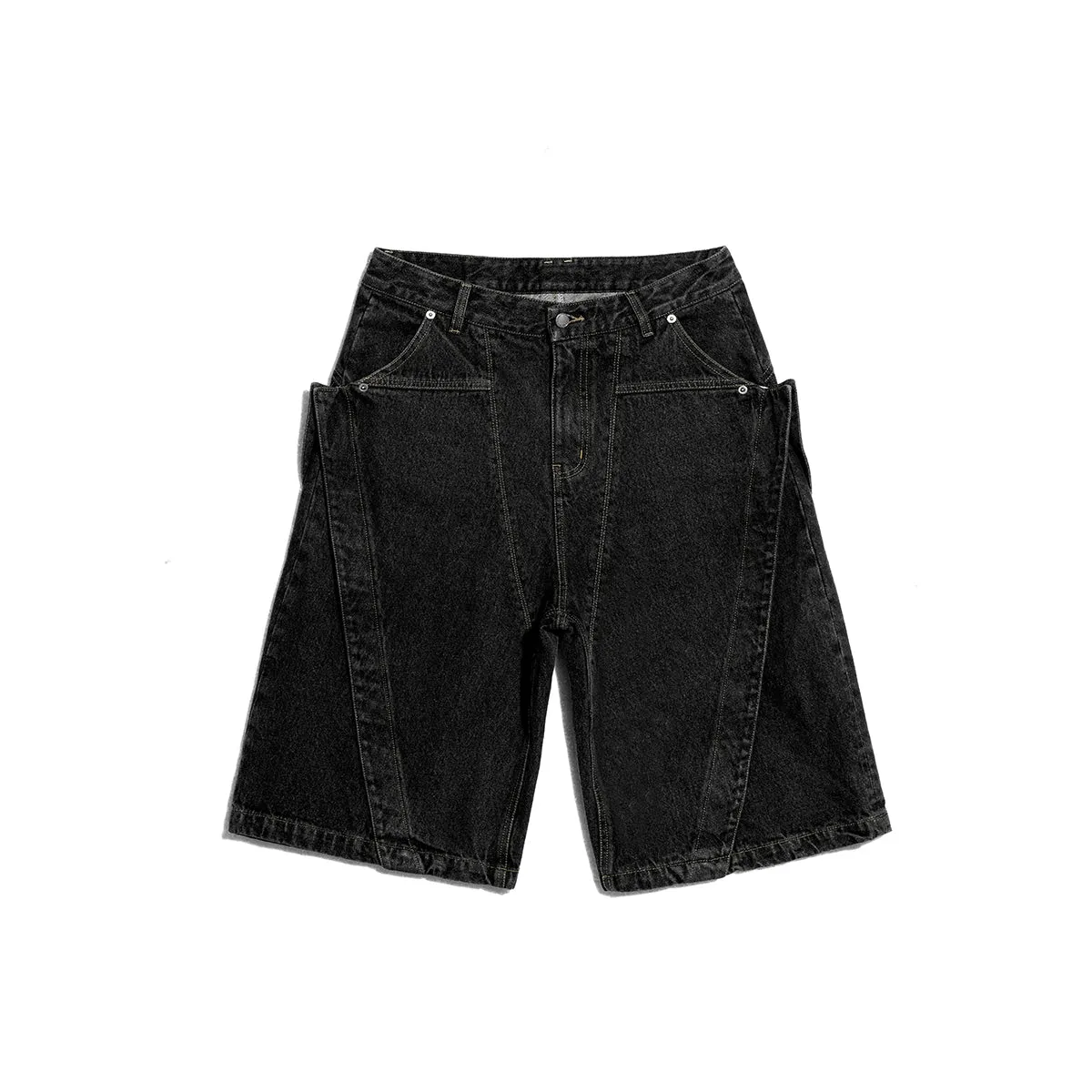Wide-Leg Washed Black Denim Shorts