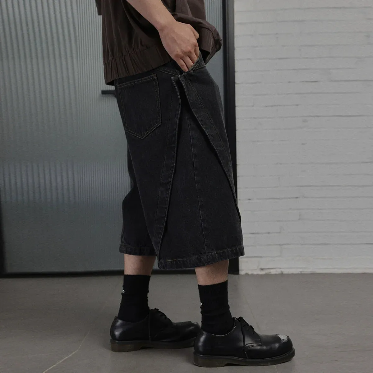 Wide-Leg Washed Black Denim Shorts