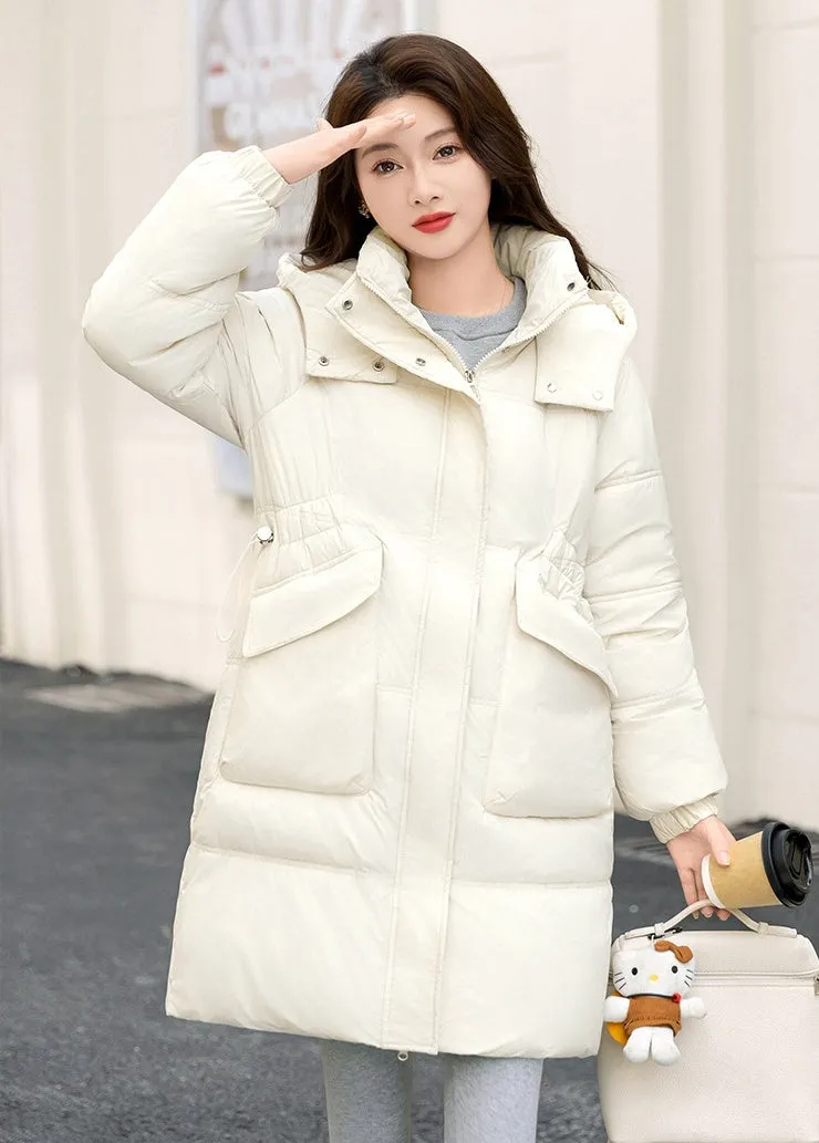 Windproof and Thickened Hooded Mid-Length Puffer Jacket