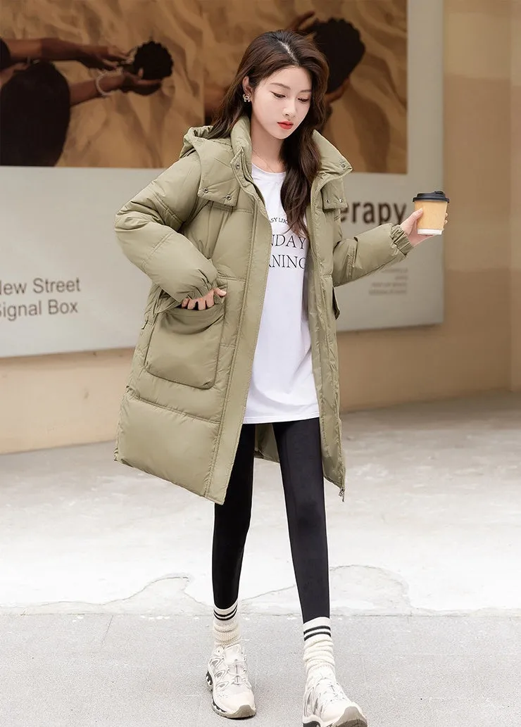 Windproof and Thickened Hooded Mid-Length Puffer Jacket