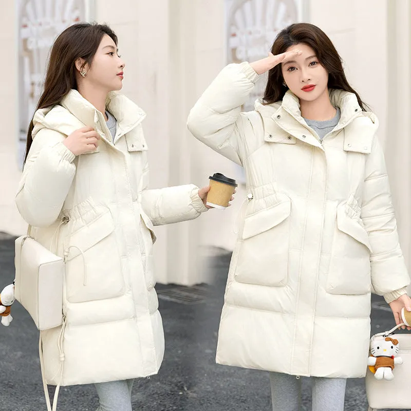 Windproof and Thickened Hooded Mid-Length Puffer Jacket