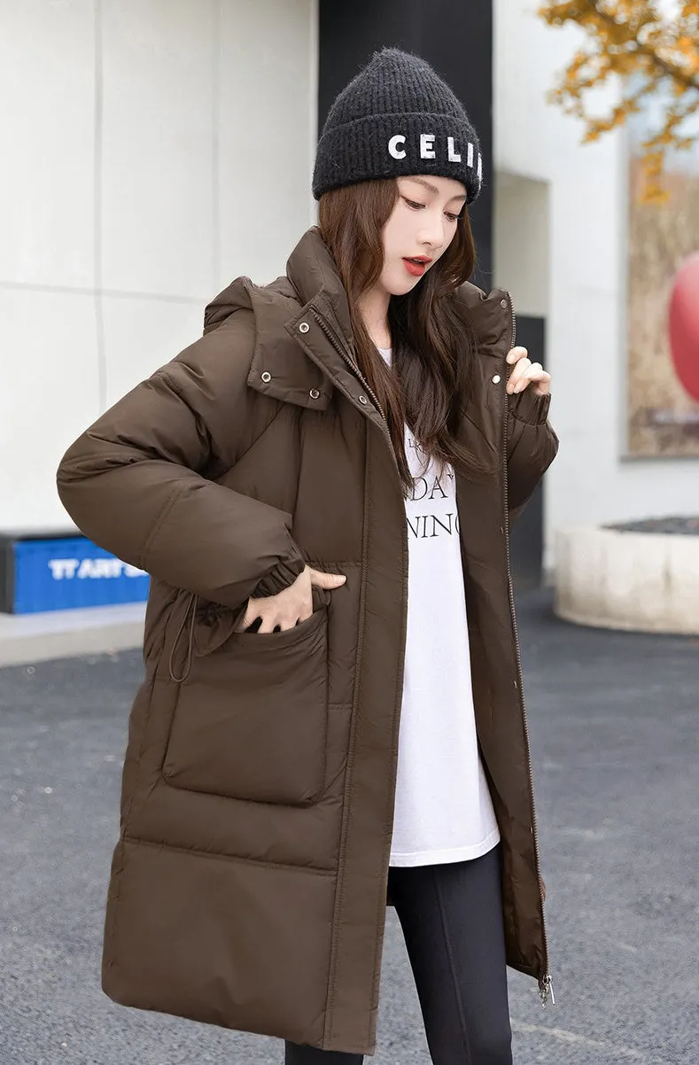 Windproof and Thickened Hooded Mid-Length Puffer Jacket