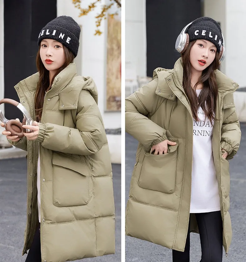 Windproof and Thickened Hooded Mid-Length Puffer Jacket