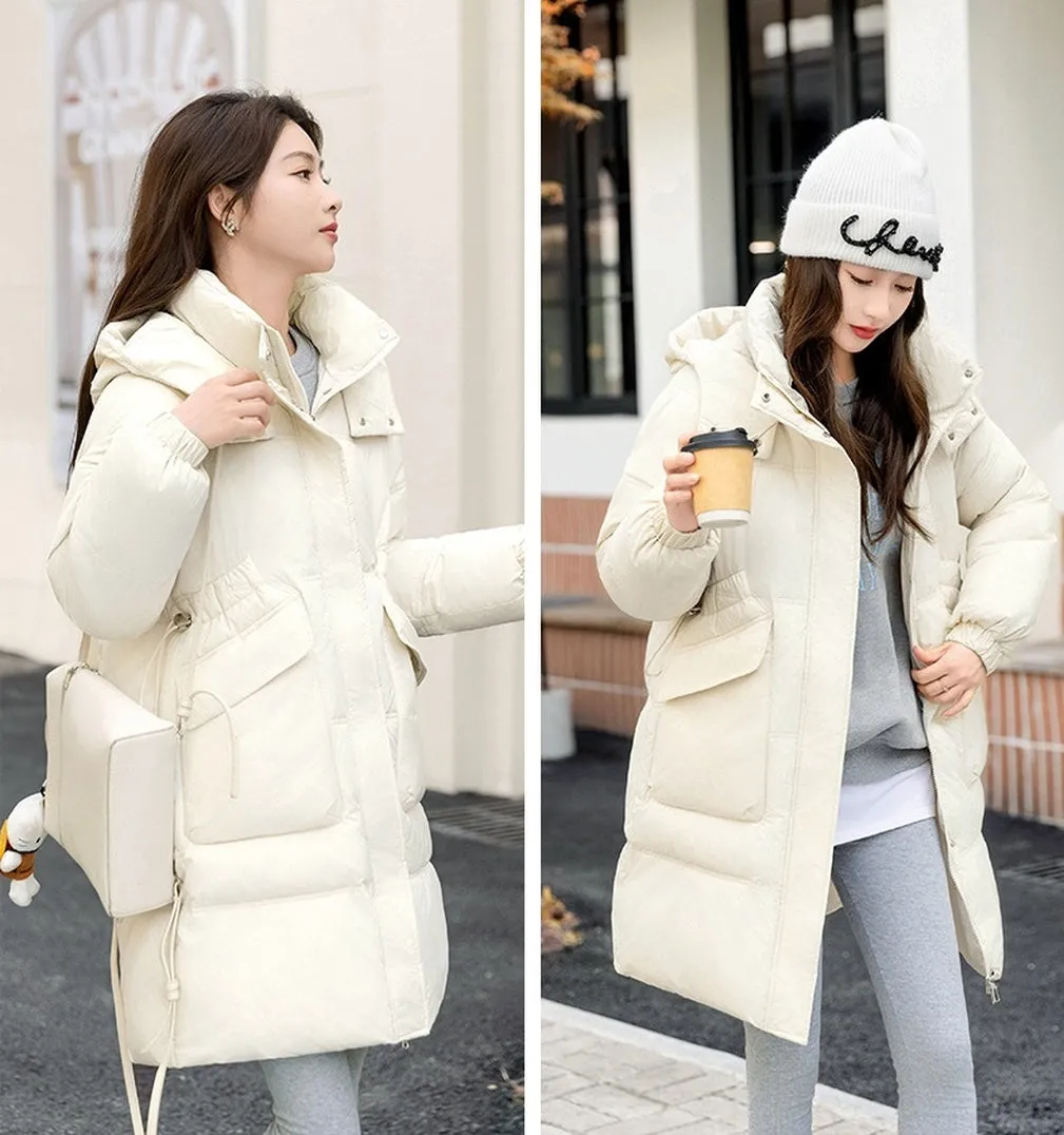Windproof and Thickened Hooded Mid-Length Puffer Jacket