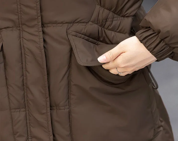 Windproof and Thickened Hooded Mid-Length Puffer Jacket