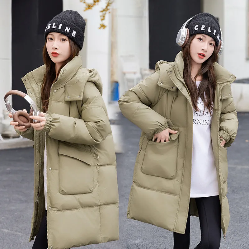 Windproof and Thickened Hooded Mid-Length Puffer Jacket