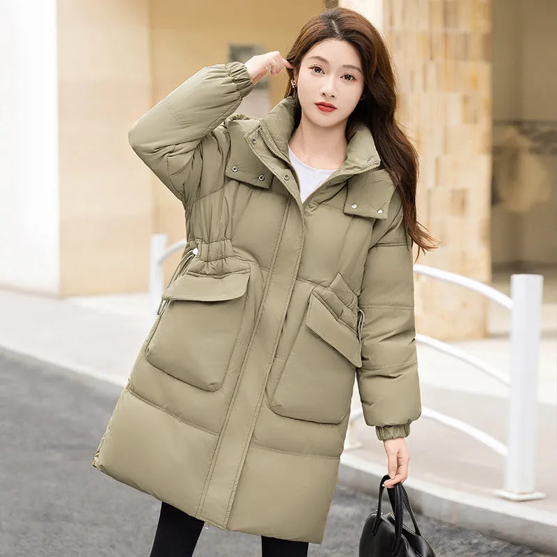 Windproof and Thickened Hooded Mid-Length Puffer Jacket