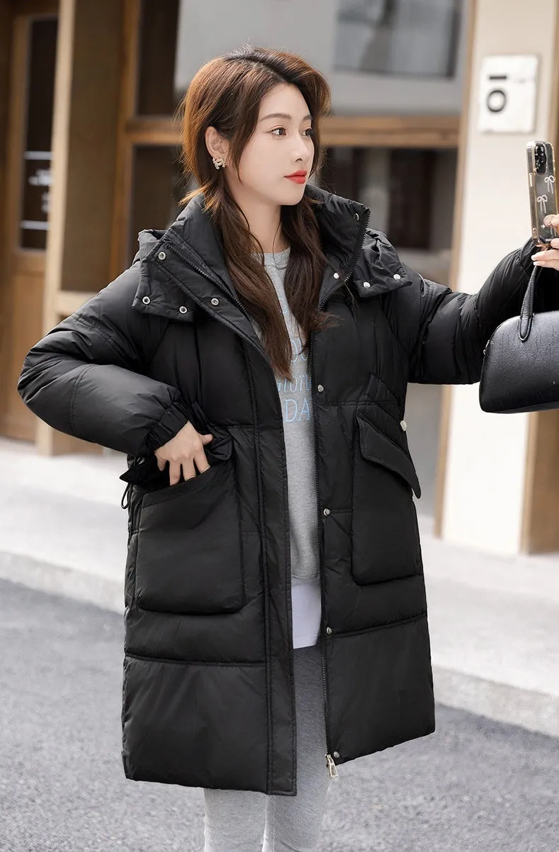Windproof and Thickened Hooded Mid-Length Puffer Jacket