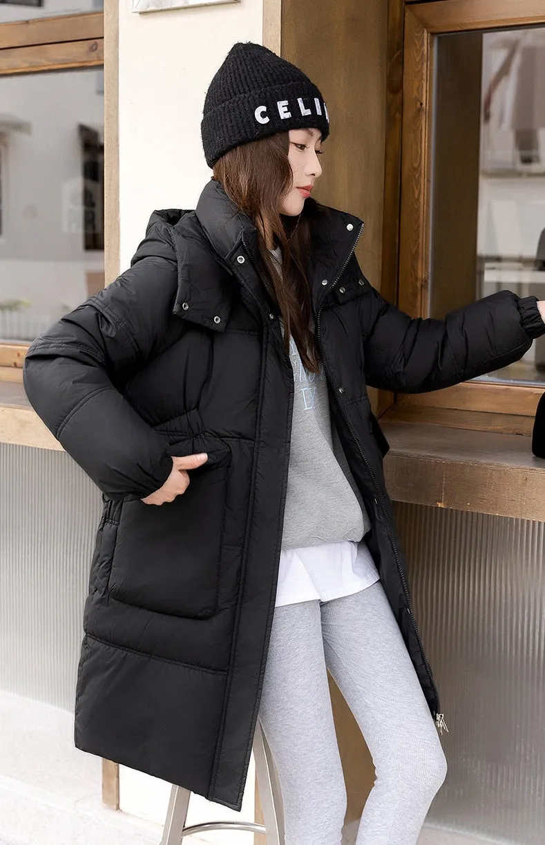 Windproof and Thickened Hooded Mid-Length Puffer Jacket