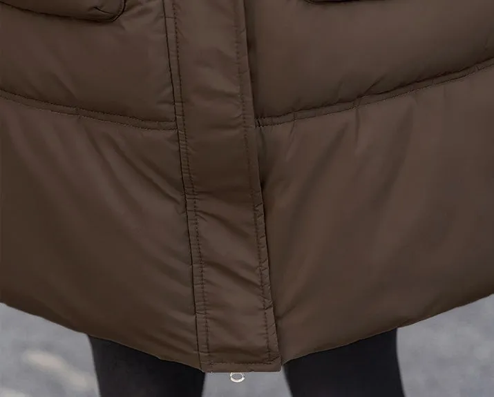 Windproof and Thickened Hooded Mid-Length Puffer Jacket