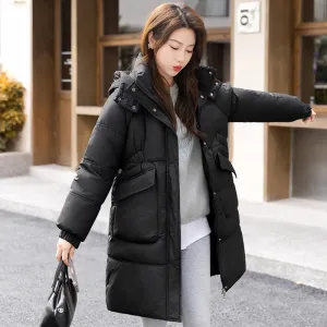 Windproof and Thickened Hooded Mid-Length Puffer Jacket