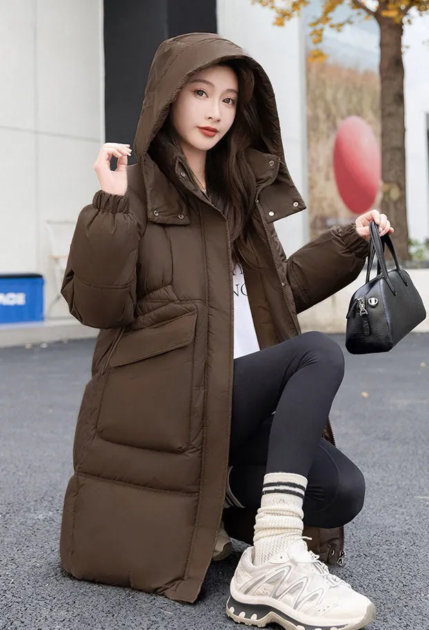 Windproof and Thickened Hooded Mid-Length Puffer Jacket