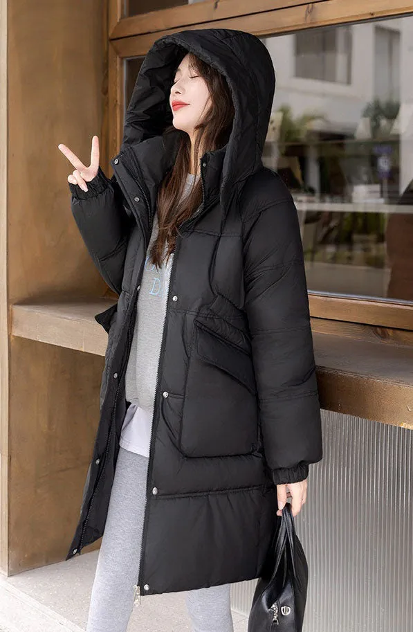 Windproof and Thickened Hooded Mid-Length Puffer Jacket