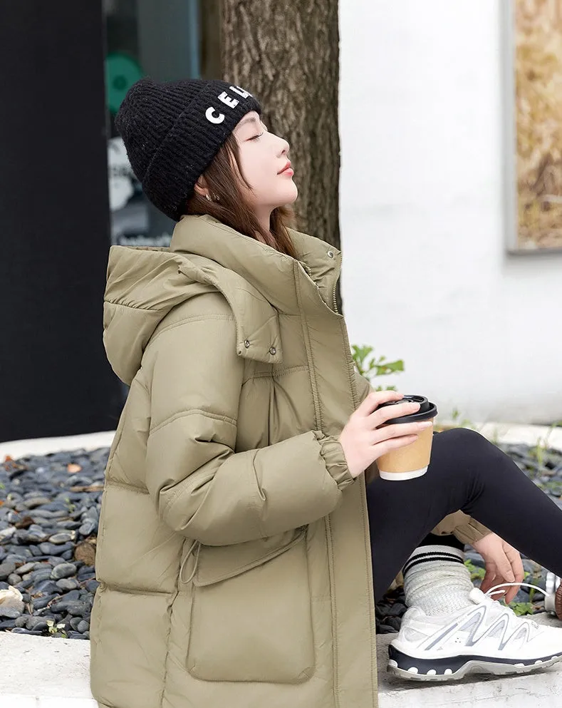 Windproof and Thickened Hooded Mid-Length Puffer Jacket