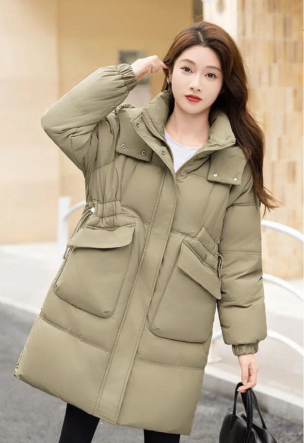 Windproof and Thickened Hooded Mid-Length Puffer Jacket