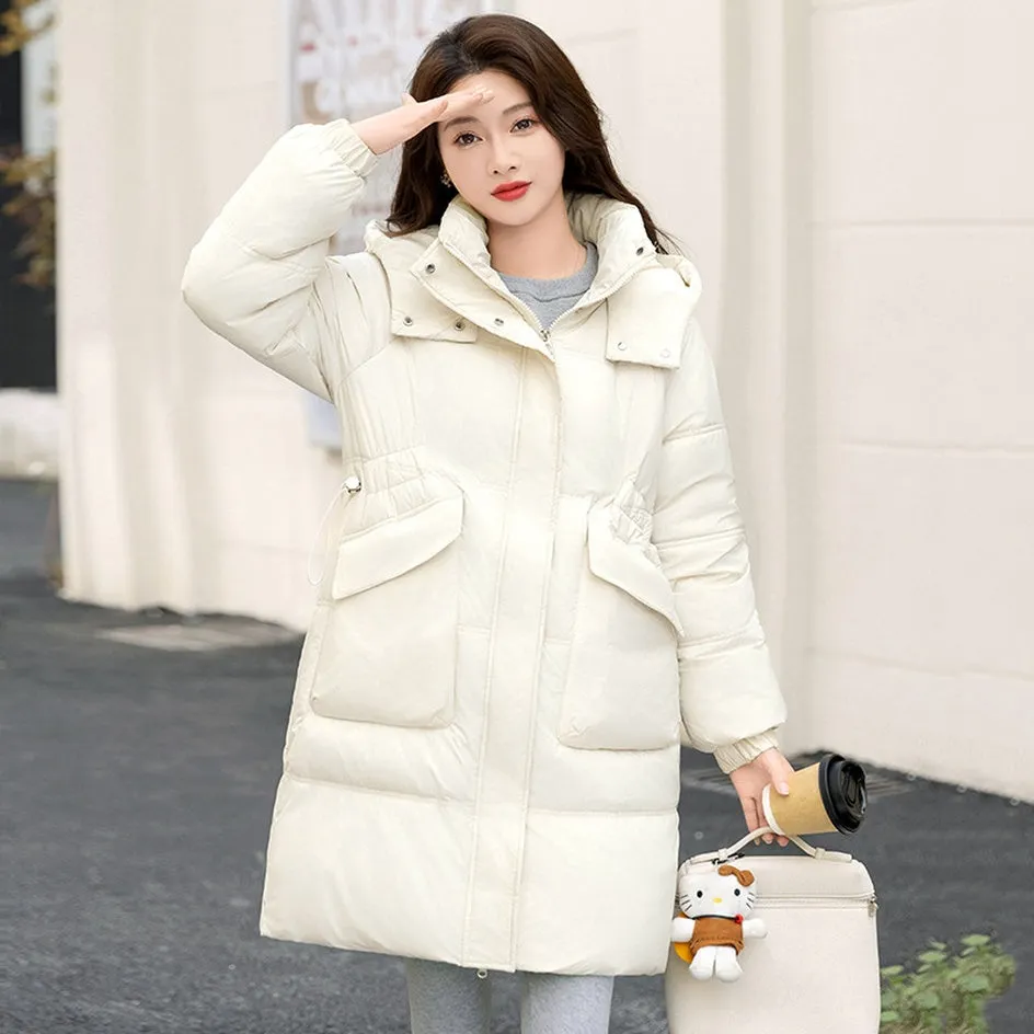 Windproof and Thickened Hooded Mid-Length Puffer Jacket