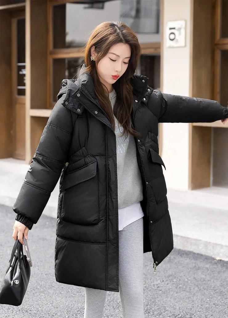 Windproof and Thickened Hooded Mid-Length Puffer Jacket