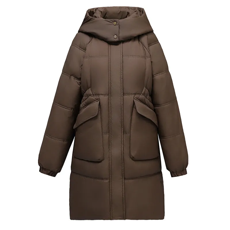Windproof and Thickened Hooded Mid-Length Puffer Jacket