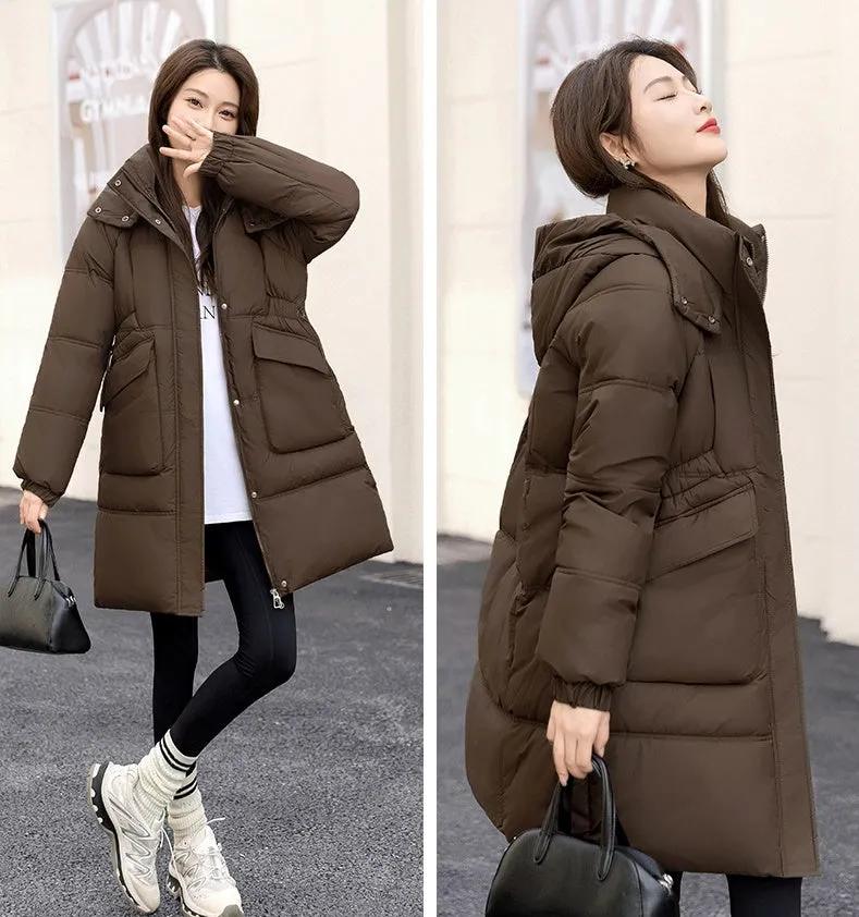 Windproof and Thickened Hooded Mid-Length Puffer Jacket