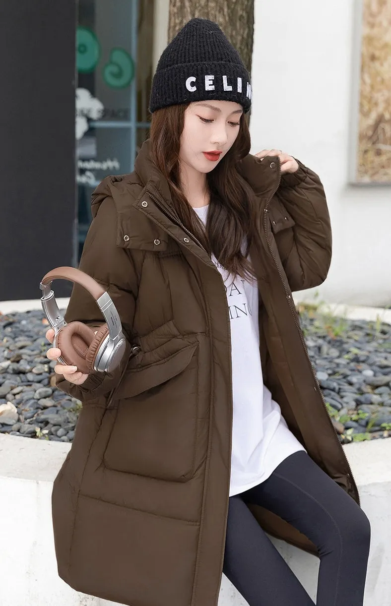 Windproof and Thickened Hooded Mid-Length Puffer Jacket