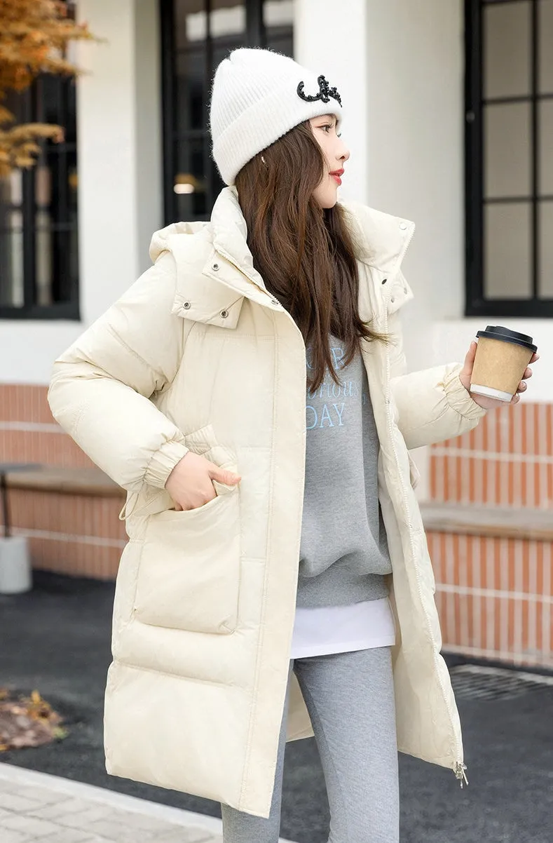 Windproof and Thickened Hooded Mid-Length Puffer Jacket